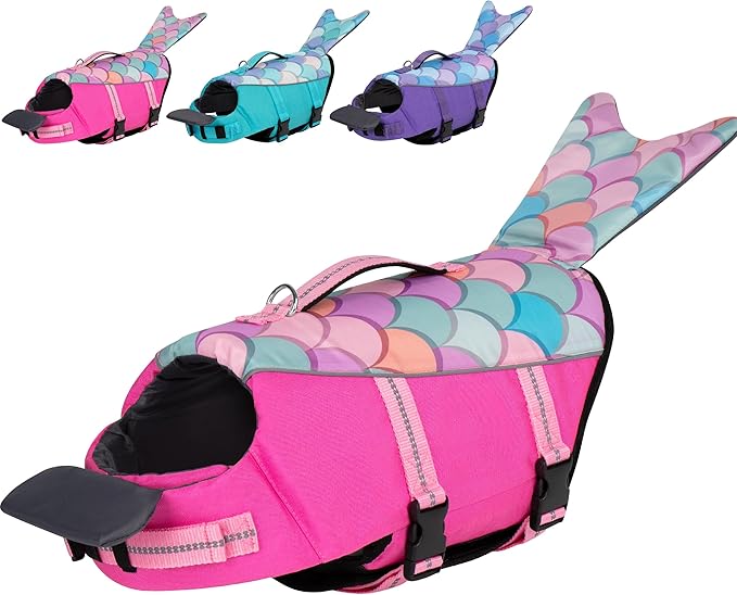 cyeollo Dog Life Jacket Mermaid Dog Safety Vest with Rescue Handle Refletive Strip Small Dogs Life Vests for Swimming Boating, Pink S