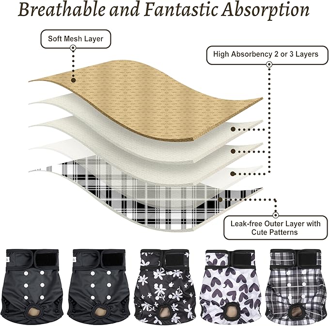Female Dog Diapers 5Pcs - Premium Reusable Diapers for Doggie in Heat - Highly Absorbent Dog Diapers Female for Pet Incontinence with Adjustable Snaps, Black, L