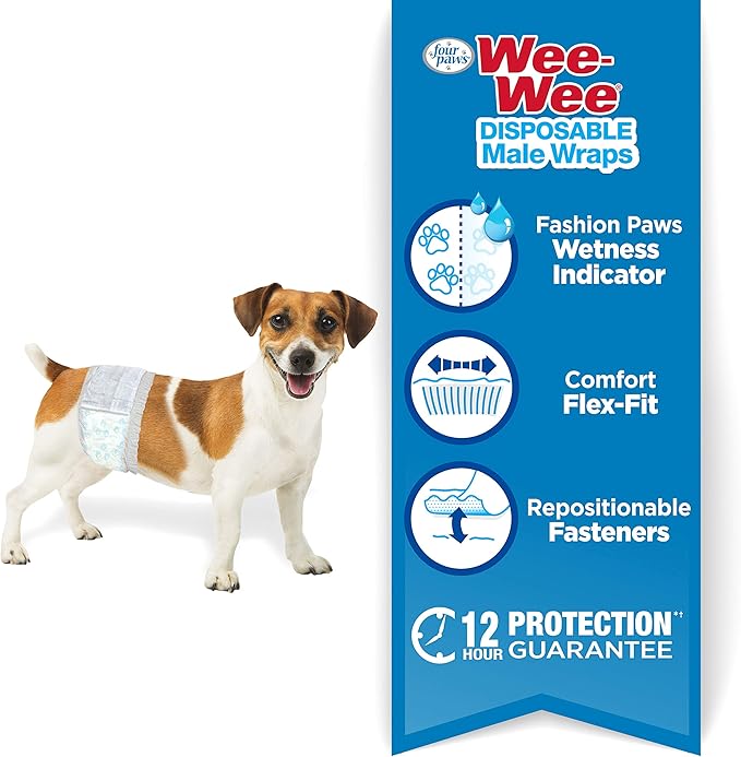 Four Paws Wee-Wee Super Absorbent Disposable Adjustable Dog Potty Training Male Wraps Diapers, Leak-Proof Protection for Puppies and Small Dogs, Extra Small, 36 Count