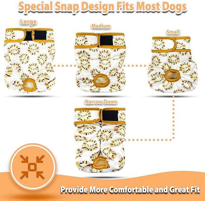 Langsprit Washable Female Dog Diapers (3 Pack) - No Leak Reusable Diapers for Doggy Female in Period - Highly Absorbent Dog Heat Panties with Adjustable Snaps (Rabbit, Owl, Lion, X-Large)