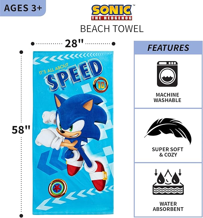 Franco Kids Super Soft Cotton Beach Towel,58 in x 28 in,Sonic The Hedgehog,(Pack of 2)