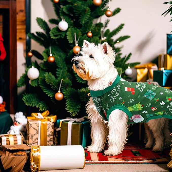 2pcs/Pack Christmas Dog Shirts Sleeveless Vest for Extra Large Dog Red Green Vest Light Soft Breathable Outfit Paw Print Snowman Christmas Tree Merry Boy and Girl XXL