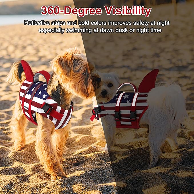 Dogcheer Harness-Style Dog Life Jacket Shark, Reflective American Flag Dog Life Vest for Swimming Boating, High Buoyancy Pet Swim Vest for Small Medium Large Dogs - USA Flag, XL