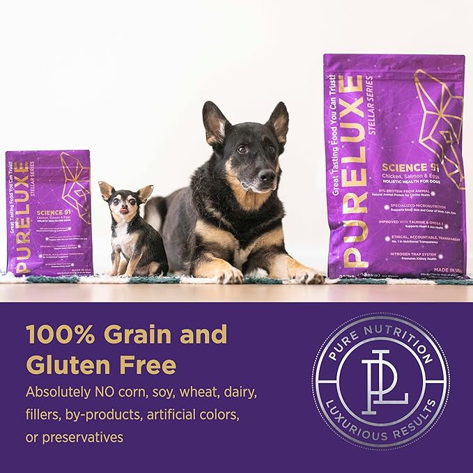 PURELUXE Grain and Gluten Free Dog Food, Stellar Science 91, Chicken, Salmon, and Eggs, for All Life Stages, Made in The USA, 22lbs