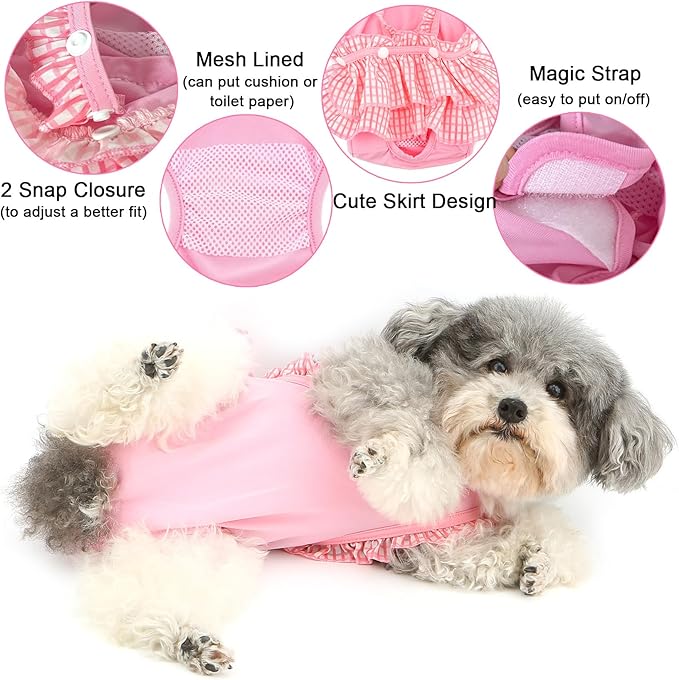 Zunea Washable Female Small Dog Diapers for XS/S Size Dogs Adjustable Suspender Reusable Puppy Sanitary Diaper Pantie Cute Plaid Nappies Skirt for Doggy Chihuahua Yorkie in Heat Babypink L