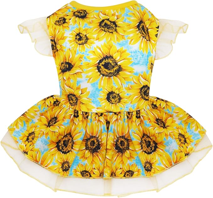 KYEESE Dog Dress for Small Dogs Sunflower Dogs Sundress Tulle with Ruffle Sleeves Dog Apparel