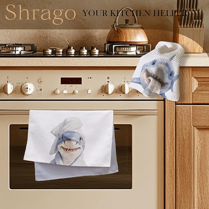 Funny Shark Bathroom Decor Hand Towels, Kids Bathroom Decor, Coastal Ocean Animal Hand Towels for Kids Bath Room Washroom, Gifts for Shark Lovers, 16x24 Inch Set of 2