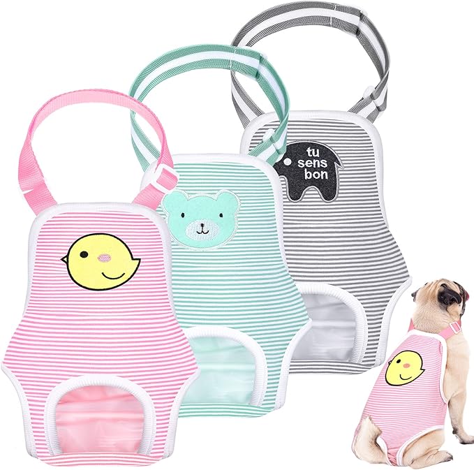 Nuanchu 3 Pcs Female Dog Diaper Sanitary Panties with Adjustable Suspender, Washable Reusable Doggie Diapers for Small Medium Large Dog in Heat Period Menstrual Pet Cats Ducks(Animal Pattern,L)