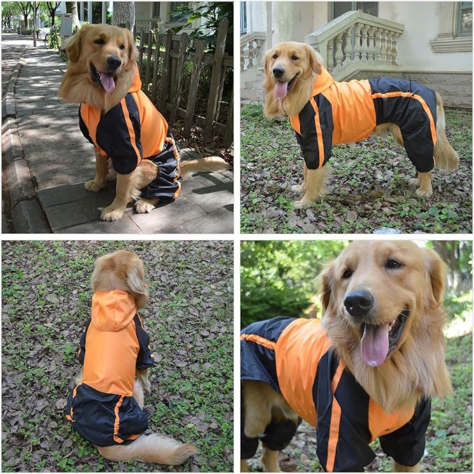 Lovelonglong Dog Hooded Raincoat, Small Dog Rain Jacket Poncho Waterproof Clothes with Hood Breathable 4 Feet Four Legs Rain Coats for Small Medium Large Pet Dogs Orange XL