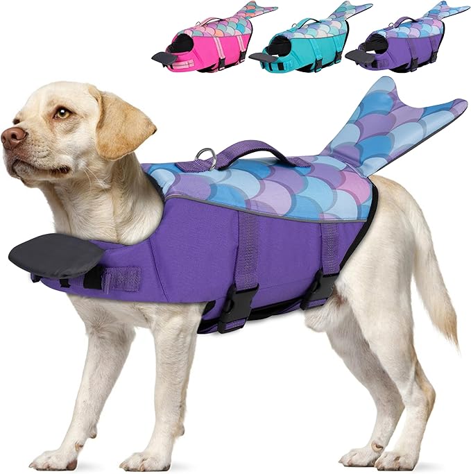 cyeollo Dog Life Jacket Reflective Mermaid Dog Life Vest for Swimming Boating, High Buoyancy Pet Life Preserver Lightweight Small Medium Large Dog Lifejackets with Front Float, Purple L
