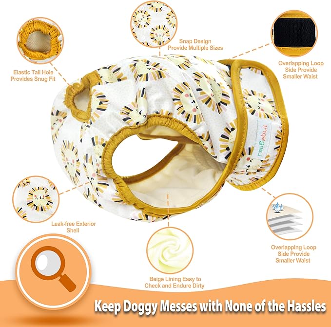 Langsprit Washable Female Dog Diapers (3 Pack) - No Leak Reusable Diapers for Doggy Female in Period - Highly Absorbent Dog Heat Panties with Adjustable Snaps (Rabbit, Owl, Lion, X-Large)