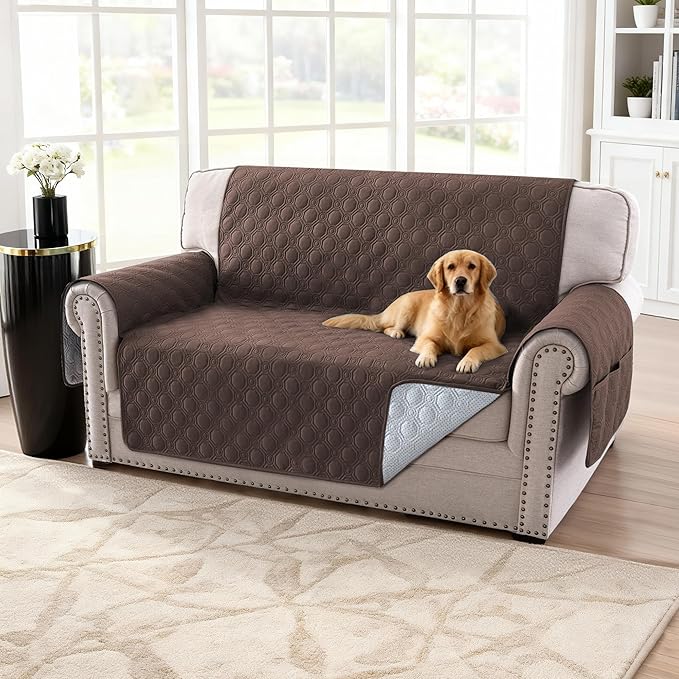 H.VERSAILTEX 100% Waterproof Couch Cover for Dogs Washable Thick Soft Love Seat Couch Covers with Storage Pocket Non Slip Furniture Protector with Elastic Straps(Loveseat, Brown)