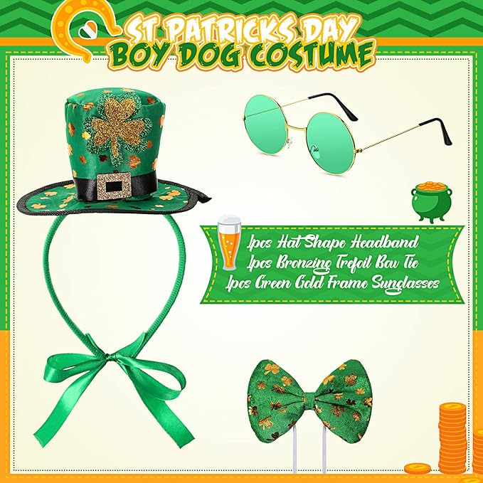 Yaomiao 3 Pcs St Patrick's Day Dog Costume, St. Patty's Day Doggie Outfit Hat Headband Green Round Pet Sunglasses and Green Shamrock Bow Tie Set for Medium Large Dogs