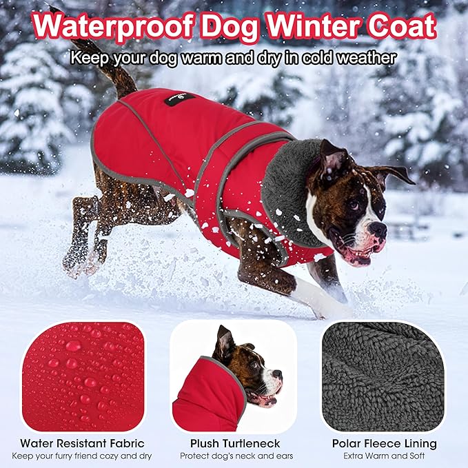 Dogcheer Dog Coat, Waterproof Dog Jacket Reflective Pet Winter Coat with Adjustable Hook & Loop, Christmas Puppy Fleece Jacket Warm Turtleneck Snowsuit for Small Medium Large Dogs - Red, L