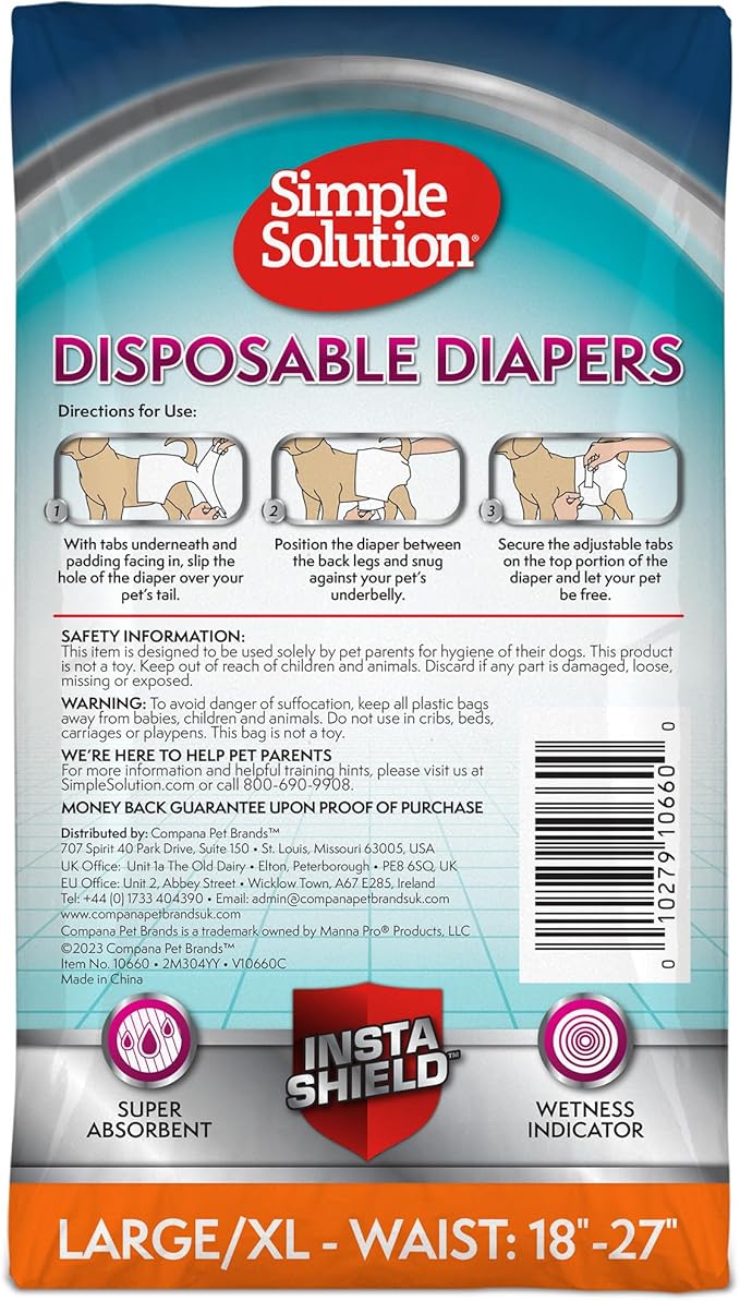 Simple Solution True Fit Disposable Dog Diapers for Female Dogs - Super Absorbent with Wetness Indicator - L/XL (Waist 18-27in) - 30 Count (Pack of 2)