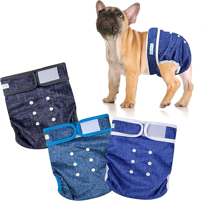 wegreeco Frenchie Dog Diapers Female No Tail Hole,Washable Pet French Puppy Bulldog Diapers Female for Period Heat,Reusable Doggy Doggie Dog Diapers （Jeans Large）