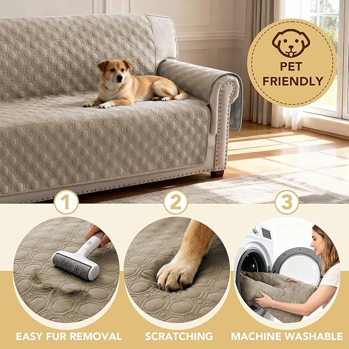 H.VERSAILTEX 100% Waterproof Couch Protector for Dogs Triple Non-Slip Couch Slipcover with Storage Pocket Thick Durable Sofa Covers Washable(XL Sofa, Taupe)