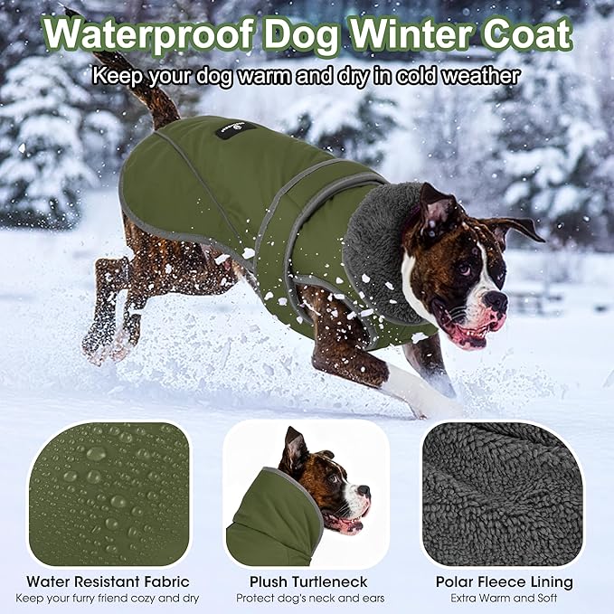 Dogcheer Dog Coat, Waterproof Dog Jacket Reflective Pet Winter Coat with Adjustable Hook & Loop, Christmas Puppy Fleece Jacket Warm Turtleneck Snowsuit for Small Medium Large Dogs - Green, XL