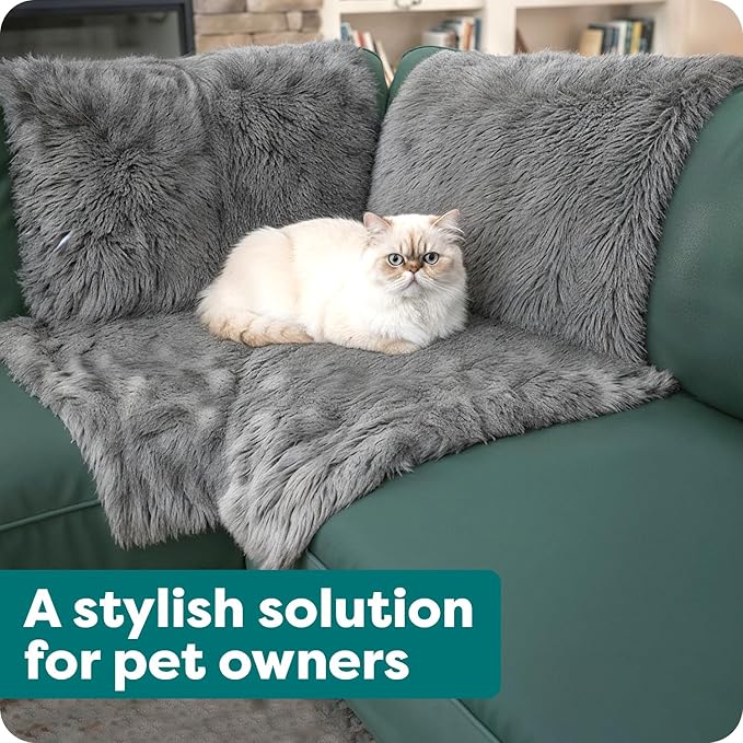 Furhaven Corner Cushion Seat Cover for Dogs & Cats, Washable, For Couches, Sectional Sofas, & L Shaped Couches - Snuggle Spot Shaggy Long Faux Fur Corner Throw - Gray, One Size
