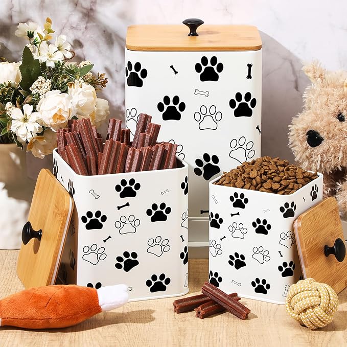 Airtight Dog Treat Container Set of 3 with Bamboo Lids Metal Treat Jars for Countertop Decorative Pet Snack Storage Canister Kitchen Biscuit Holder(White)