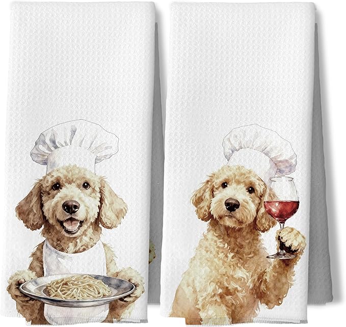Funny Chef Wine Goldendoodle Kitchen Dish Towels, Golden Doodle Gifts Women, Goldendoodle Gifts Decorative Hand Tea Towels for Kitchen, 16x24 Inches Set of 2