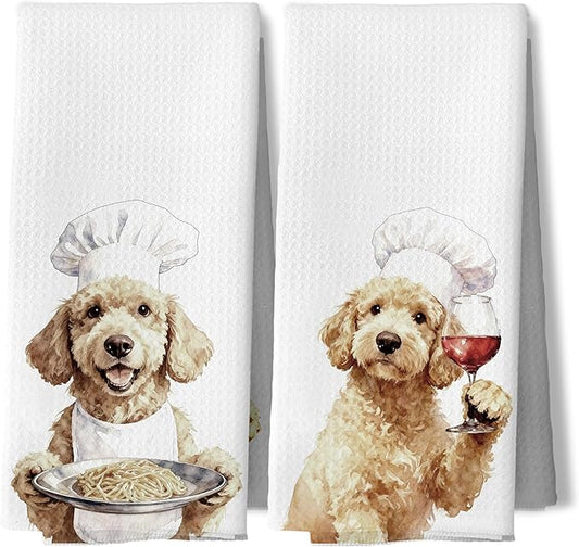 Funny Chef Wine Goldendoodle Kitchen Dish Towels, Golden Doodle Gifts Women, Goldendoodle Gifts Decorative Hand Tea Towels for Kitchen, 16x24 Inches Set of 2