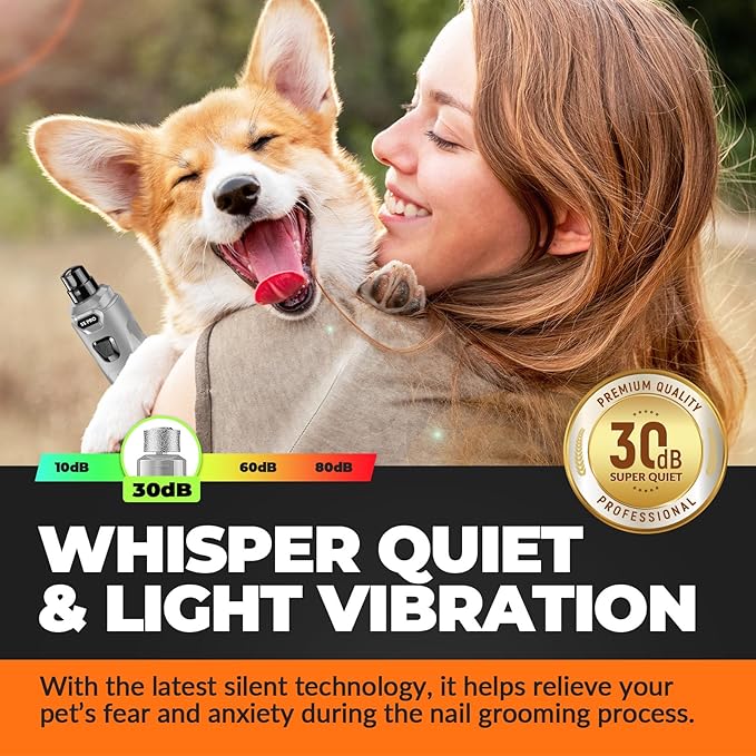 Whisper Quiet Dog Nail Grinder with LED Light, Safe & Stress-Free for Sensitive Dogs of All Breeds & Sizes, 3 Grinding Bits, 3-Speed, Pet Nail Trimmers, Rechargeable Painless Grooming Kit Grey