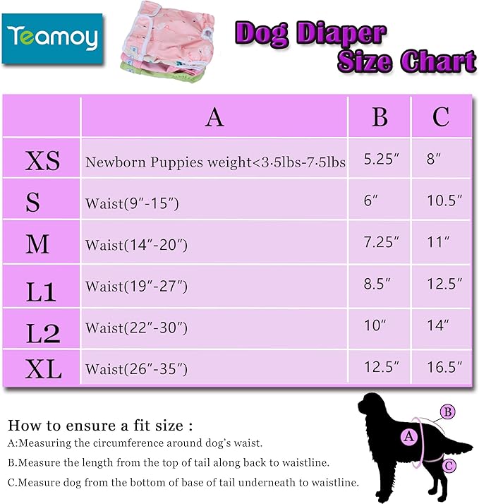 Teamoy Female Dog Diapers for Heat 4-Pack, Reusable Dog Period Diaper Wraps for Incontinence, Training & Housebreaking,XS