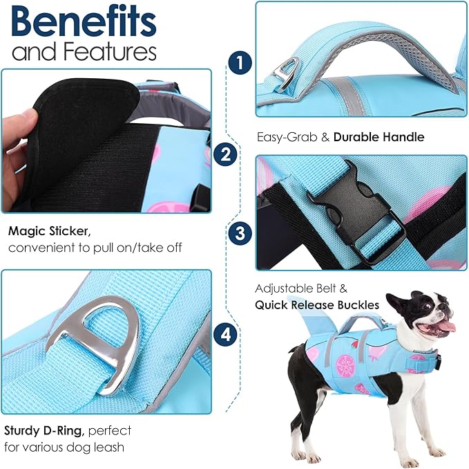 AOFITEE Dog Life Jacket, Shark Dog Life Vest for Swimming Boating, High Flotation Pet Lifesaver with Rescue Handle, Reflective French Bulldog Lifejacket, Swim Vest for Small Medium Large Dogs, M