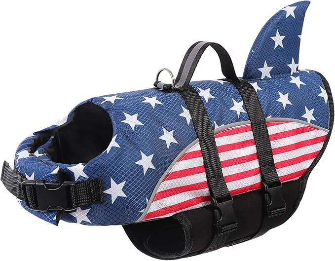 Queenmore Medium Dog Life Vest for Boating, American Flag Dog Life Vest for Swimming, Lightweight Medium Dog Life Jacket with Shark Fin/Rescue Handle/Leash Hook, M