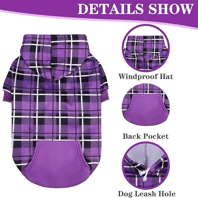 EXPAWLORER Plaid Dog Hoodie - British Style Warm Dog Sweater Shirt with Leash Hole,Pitbull Clothes Outfits,Winter Coat Apparel for All Breeds Puppy Girl Boy-Cat Apparel,Purple Large