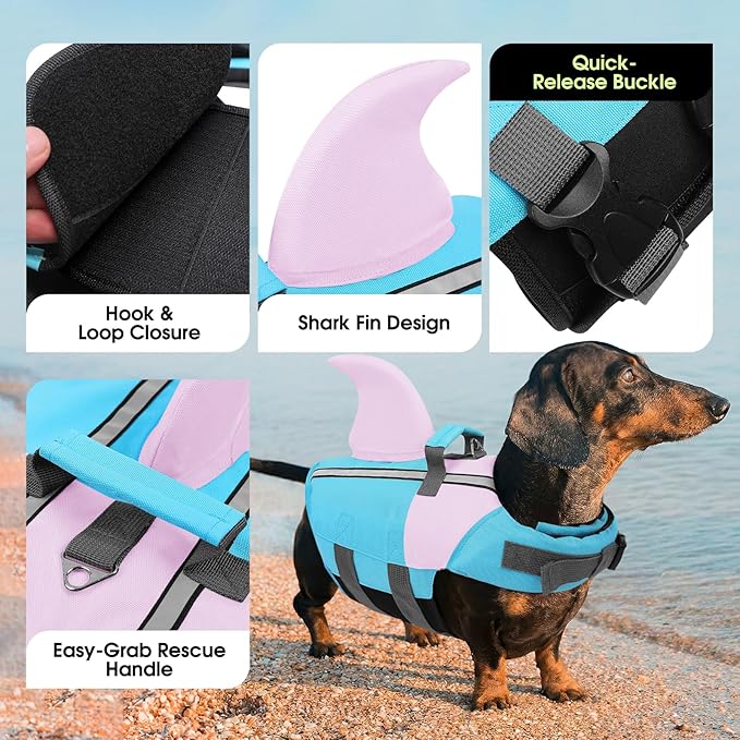 SUNFURA Dog Life Jacket Shark Life Vest for Dogs, Adjustable Swmming Vest with High Buoyancy, Safety Lifesaver with Rescue Handle for French Bulldog Small Medium Breeds, BluePink L
