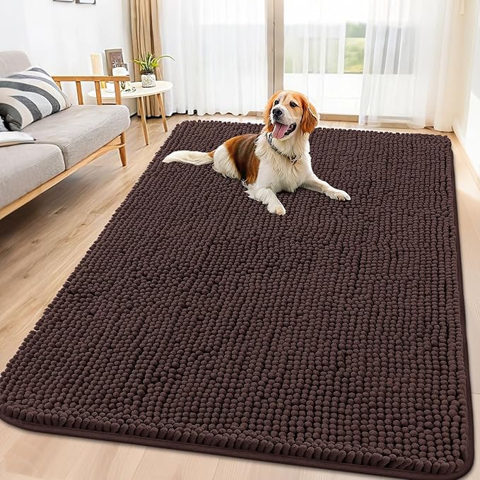 Smiry Dog Door Mat for Muddy Paws 70x32, Absorbs Moisture and Dirt Doormat, Non-Slip Washable Quick Dry Chenille Front Door Mat Indoor Entrance, Entryway Carpet for Inside Floor, Brown