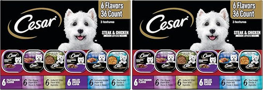 Cesar Wet Dog Food Steak and Chicken Lovers Variety Pack,Adult,Wet Food for Dogs with Real Beef or Chicken,3.5 oz Easy Peel Trays,36 Count (Pack of 2)