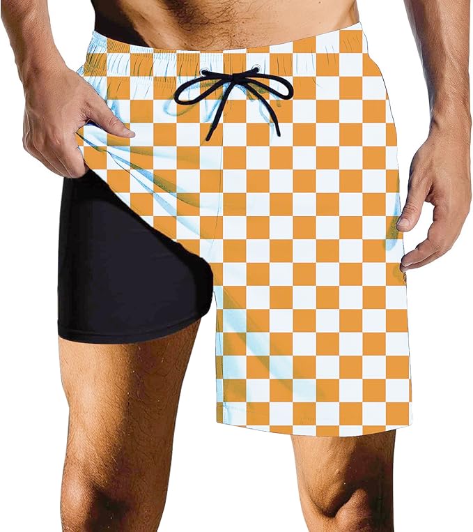 Mens Swim Trunks with Compression Liner Quick Dry Zipper Pocket Bathing