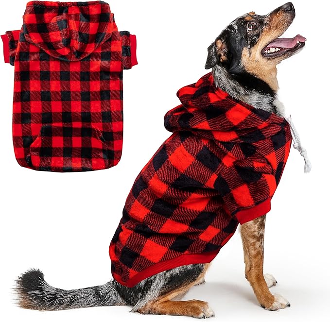 Dog Hoodie for Large Meidum Small Dogs, Winter Plaid Fleece Warm Hooded Dog Hoodies Christmas Pet Sweatshirt Clothes with Pockets for Cold Weather (S-XXL)