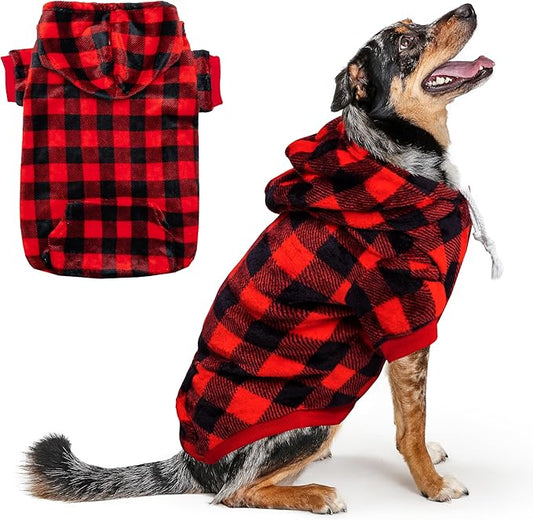 Dog Hoodie for Large Meidum Small Dogs, Winter Plaid Fleece Warm Hooded Dog Hoodies Christmas Pet Sweatshirt Clothes with Pockets for Cold Weather (S-XXL)