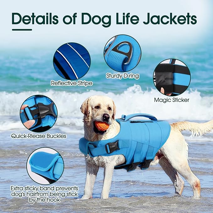 Kuoser Dog Life Jacket, High Flotation Dog Life Vest for Swimming Boating, Adjustable Small Medium Large Dogs Swim Vest with Rescue Handle and Pocket, Reflective Safety Pet Lifejacket Floats for Pool