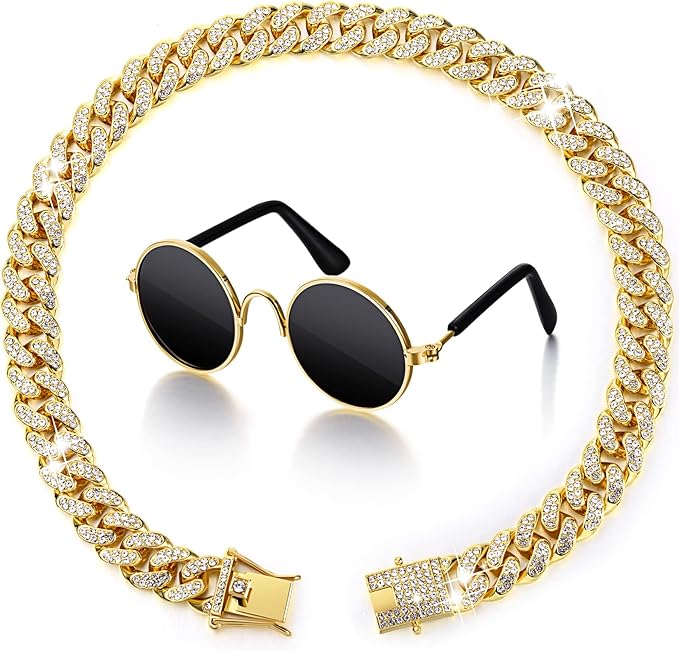Xuniea 2 Pieces Cat Dog Chain Collar and Sunglasses Set Rhinestone Necklace with Secure Buckle Round Glasses for Doll Cat Dog Pet Accessories(8 Inch,Gold, Black)