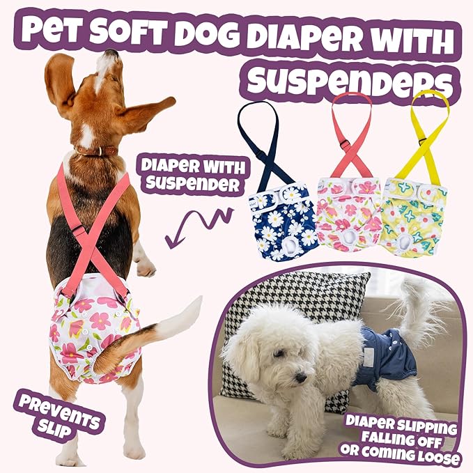 Pet Soft Dog Diapers Female with Suspenders, 3 Pack Reusable Female Dog Diapers for Heat, Dog Period Panties for Doggie in Cycle(Large, Flowers)