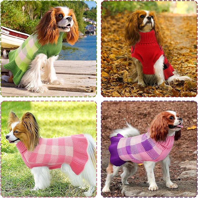 Dog Sweater Dress Plaid Knitwear for Small Medium Dogs Warm Puppy Pet Turtleneck Stretch Pullover Cute Fall Winter Vest Clothes with Leash Hole for Christmas (Purple, 2XS)
