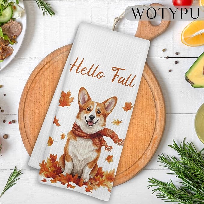 Fall Corgi Kitchen Towels, Corgi Lover Gifts Dish Tea Towel for Kitchen Decor, Farmhouse Fall Autumn Maple Leaf Dog Hand Towels for Bathroom Decor,16X24 Inch