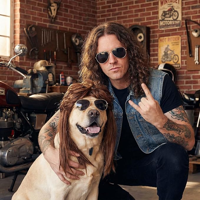 Dog Mullet Wig and Punk Sunglasses,Retro 70s 80s Disco Rock Star Halloween Party Costume Outfit for Medium Large Dogs,Curly Fancy Pet Brown Long Wig (Brown, One Size)