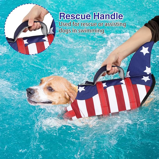 TDTOK Dog Life Jacket Shark Fin American Flag Pattern with Rescue Handle and Reflective Stripes Suitable for 4th of July, High Buoyancy Life Safety Vest for Dogs Swimming and Boating (Large)
