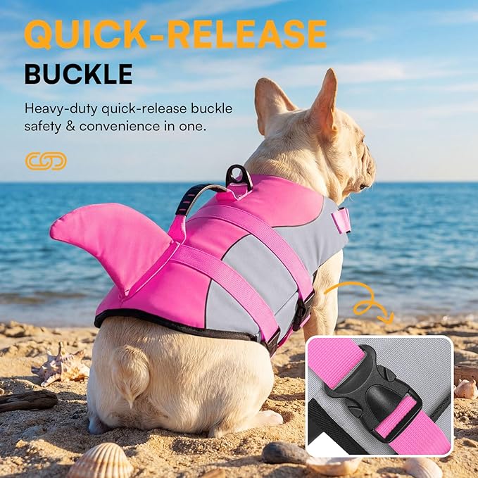 Queenmore Dog Life Jacket Ripstop Shark Dog Safety Vest Adjustable Preserver with High Buoyancy and Durable Rescue Handle for Small,Medium,Large Dogs, Pink Shark X-Small