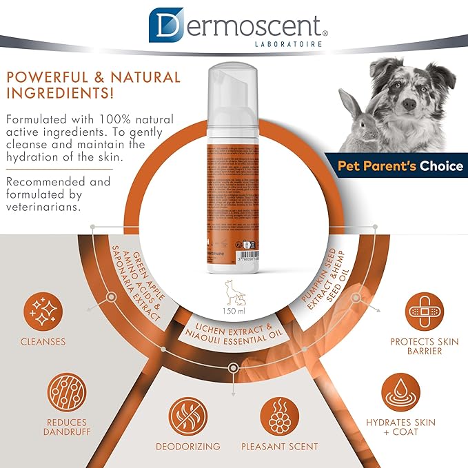 Dermoscent Essential Mousse - Dry Shampoo for Dogs & Small Mammals - Rinse Free Foam to Cleanse Skin & Coat - Odour Control for Smelly Pets - Soap Free - 150ml