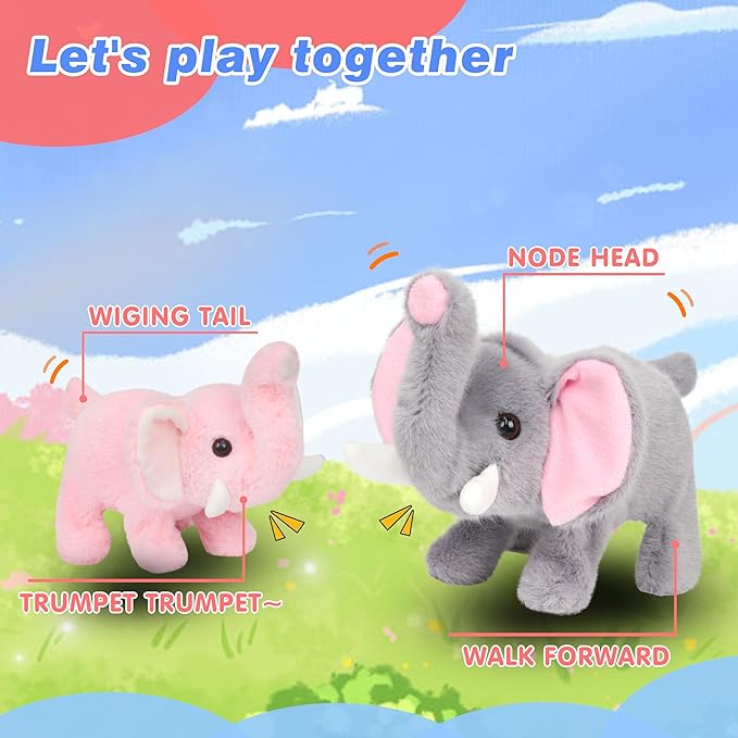 Hopearl Walking Elephant Interactive Crawling Elephish Electronic Plush Toy Animated Gifts for Toddlers Birthday, Gray, 9''