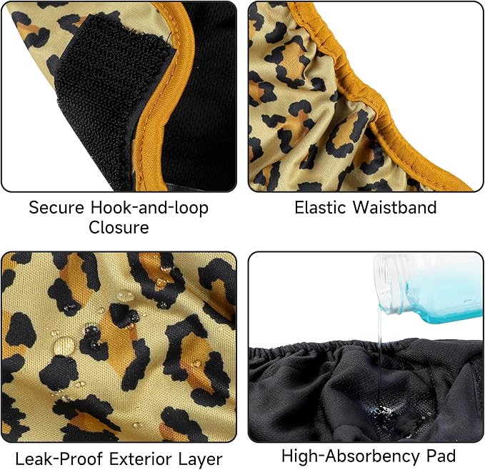 Paw Legend Washable Reusable Female Dog Period Diapers for Heat Doggie Puppy Diapers for Female Dogs (3 Pack, Leopard, X-Large)