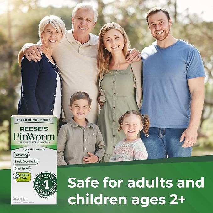 REESE'S PINWORM Medicine Liquid for Entire Family, Full Prescription Strength, 2 Oz, #1 Doctor Recommended Single Dose Pyrantel Pamoate Dewormer for Adults & Kids Ages 2+, Banana Flavor