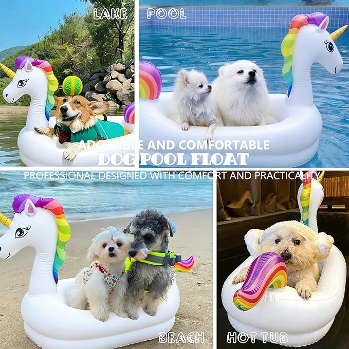 Dog Pool Float, Funny 6-in-1 Inflatable Dog Floats for Pool, Pet Floatie Raft for Small Dogs, Puppy and Doggies, White Unicorn